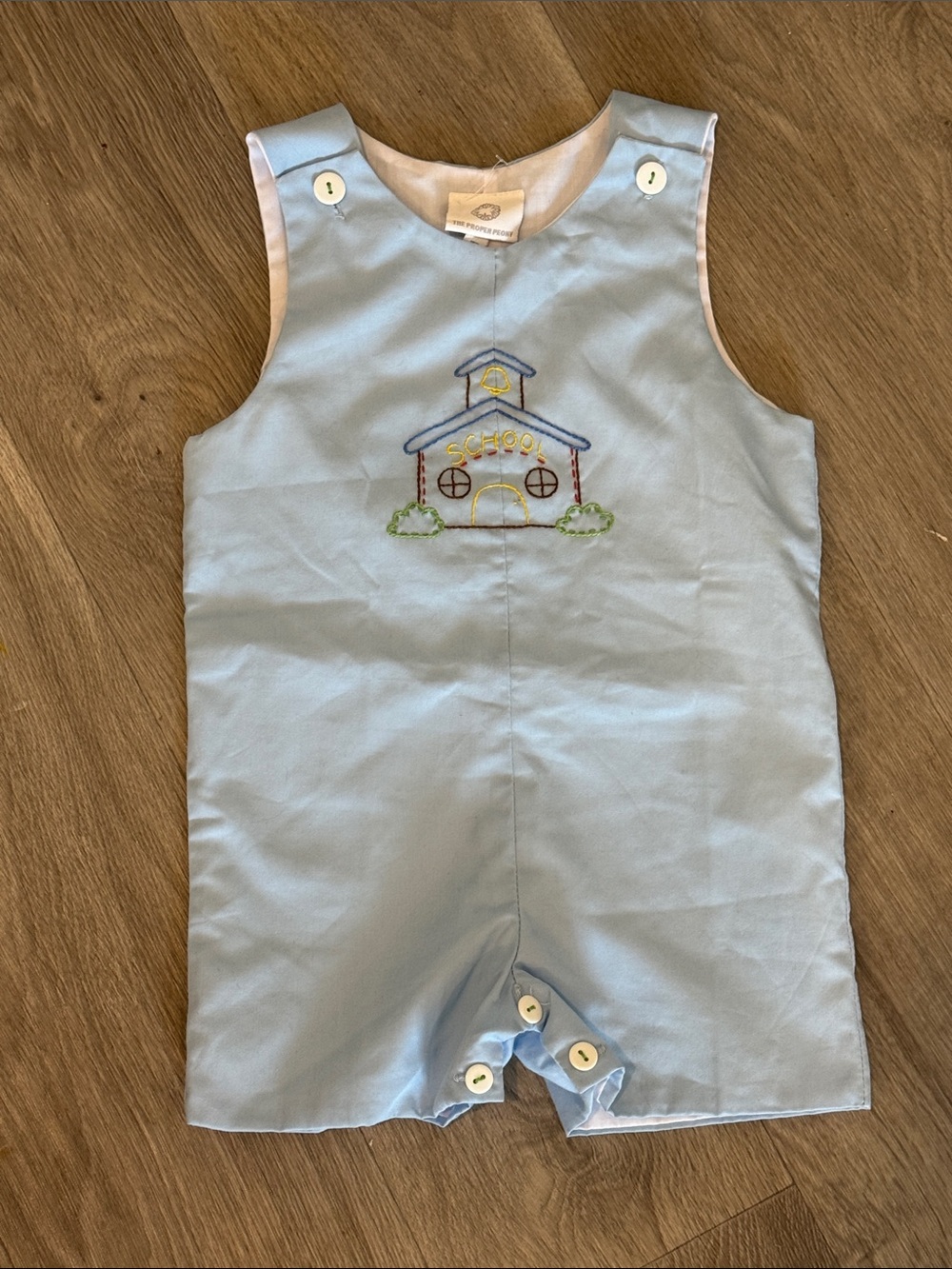 Light Blue Embroidered Schoolhouse Baby Romper